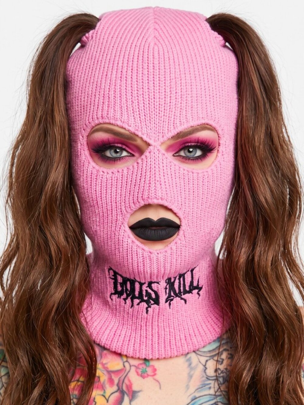 Dolls Kill ✦ Pink DK Logo Ski Mask ✦ Ribbed Knit 3‑Hole Ponytail Winter Accessor